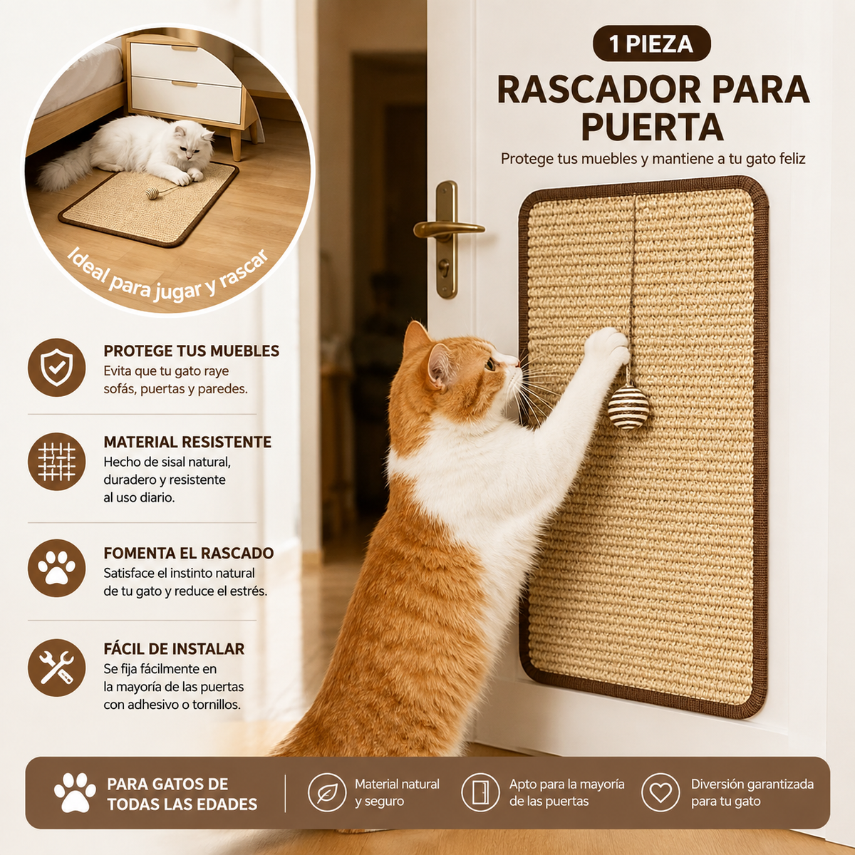 Rascador Vertical de Sisal para Gatos con Pelota Linden
