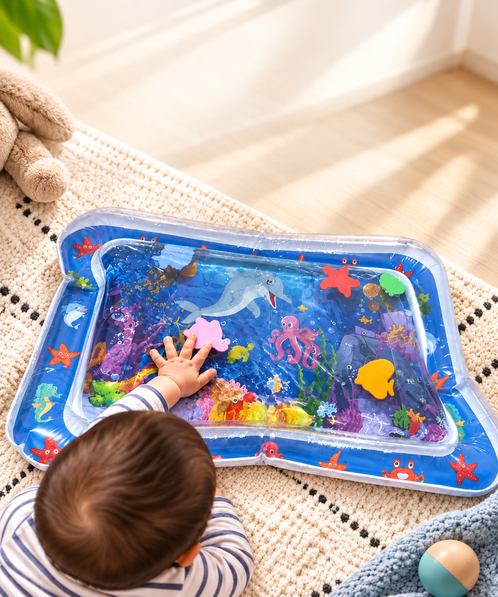 Convierte el tummy time en un momento lleno de color y movimiento con el Tapete de Agua Sensorial Inflable Linden™. Ideal para juego y exploración del bebé.