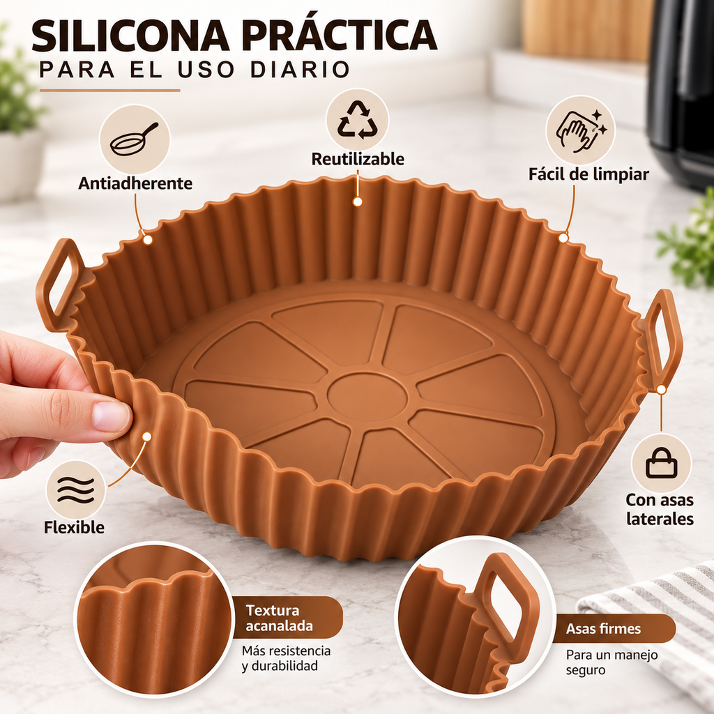 Mantén más limpia tu Air Fryer con el Molde de Silicona Reutilizable Linden™. Antiadherente, lavable, con asas y disponible en tamaños M y L.