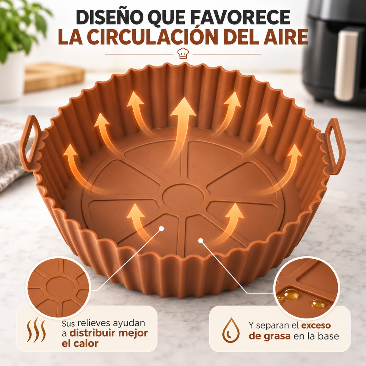 Mantén más limpia tu Air Fryer con el Molde de Silicona Reutilizable Linden™. Antiadherente, lavable, con asas y disponible en tamaños M y L.
