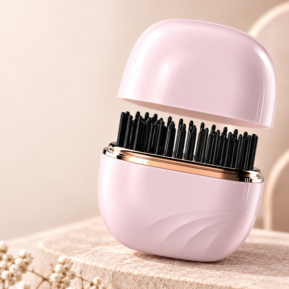 Retoca y alisa tu cabello donde estés con el Mini Cepillo Alisador Inalámbrico Linden™. 3 temperaturas, calentamiento rápido y carga USB-C.