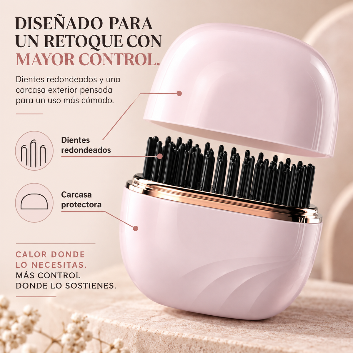 Retoca y alisa tu cabello donde estés con el Mini Cepillo Alisador Inalámbrico Linden™. 3 temperaturas, calentamiento rápido y carga USB-C.