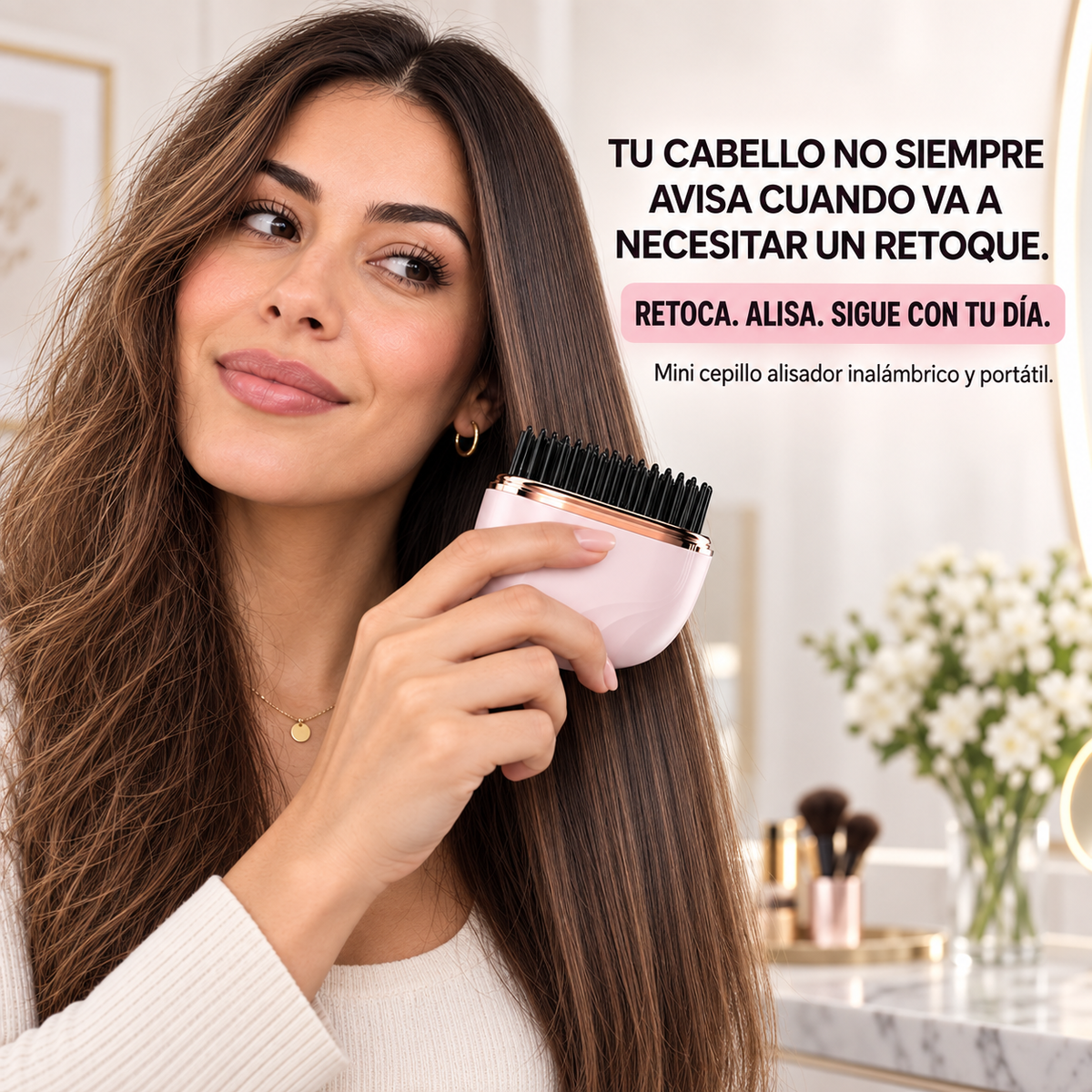 Retoca y alisa tu cabello donde estés con el Mini Cepillo Alisador Inalámbrico Linden™. 3 temperaturas, calentamiento rápido y carga USB-C.