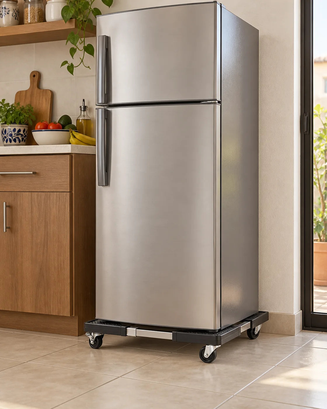 Refrigerador compacto correctamente apoyado sobre la base con ruedas en una cocina