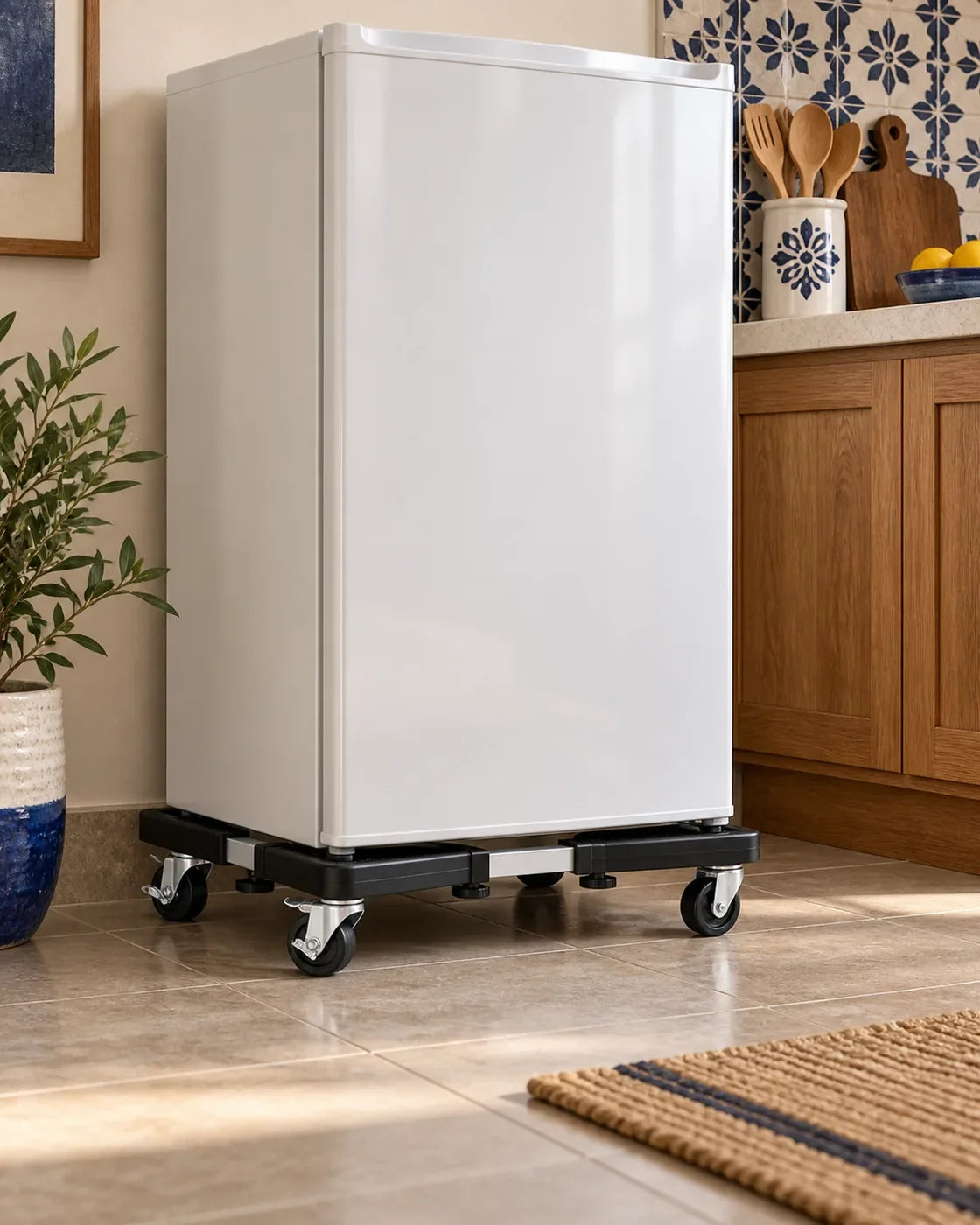 Refrigerador compacto colocado sobre la base ajustable con ruedas Linden.