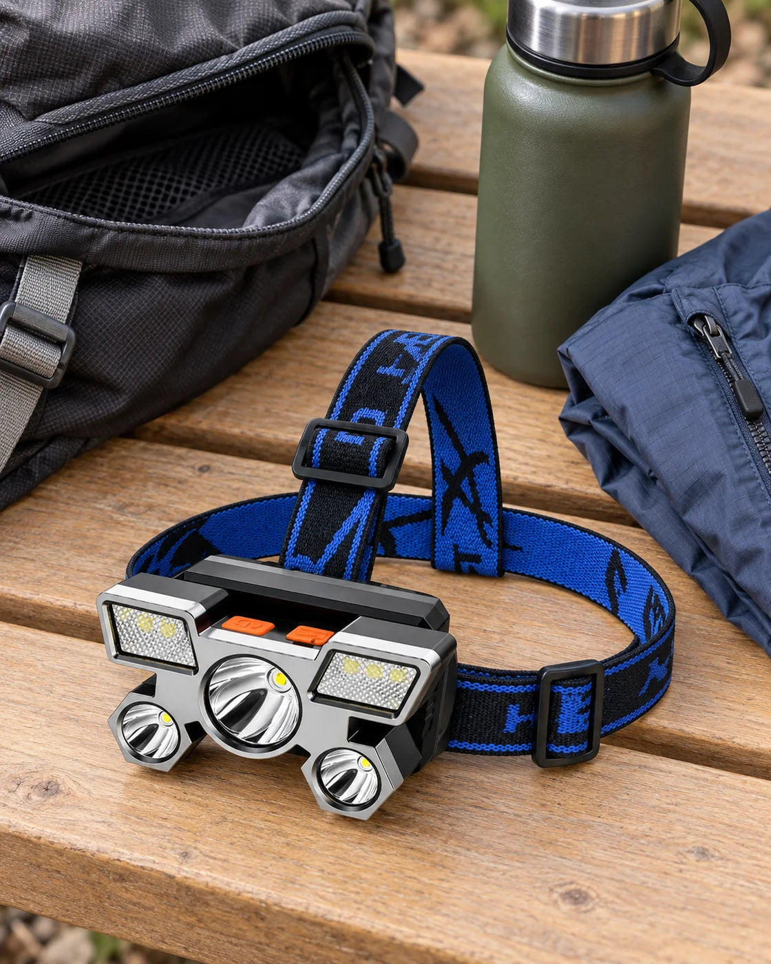 Linterna compacta junto a una mochila y equipo de uso diario