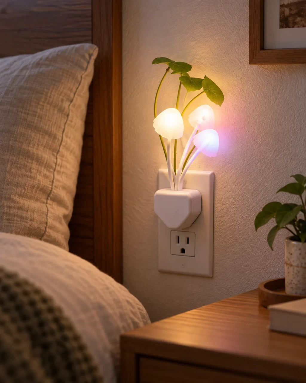 Lámpara LED de hongos Linden iluminando suavemente una recámara por la noche.