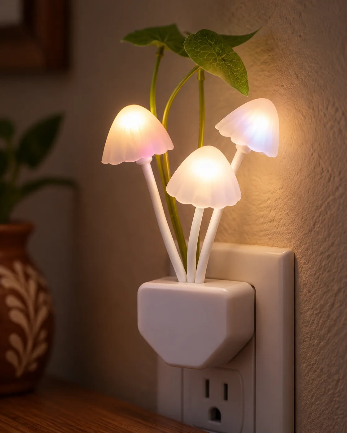 Detalle de los tres pequeños hongos translúcidos iluminados con hojas decorativas