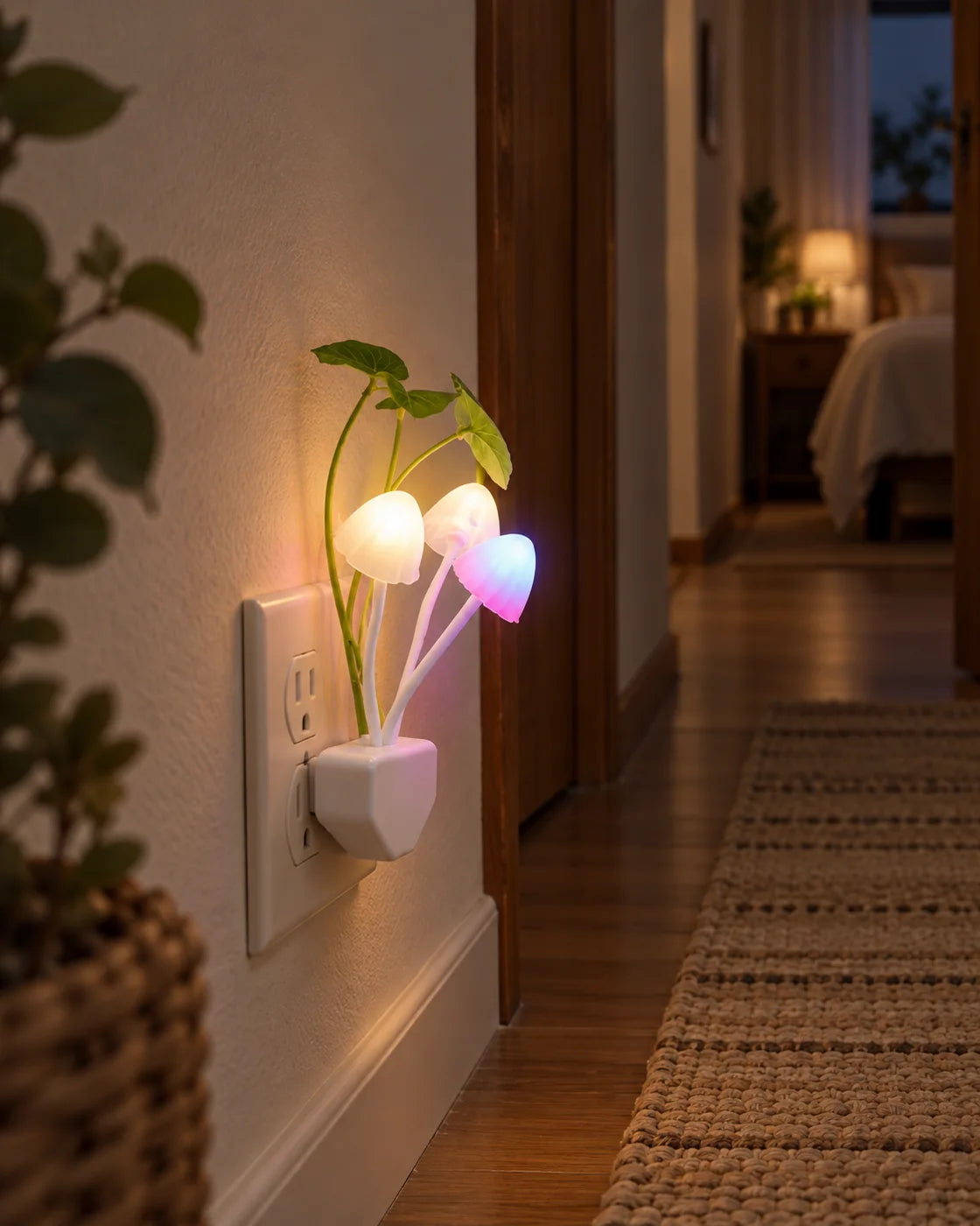 Pequeña luz de hongos conectada a un contacto de pared en un pasillo tenue