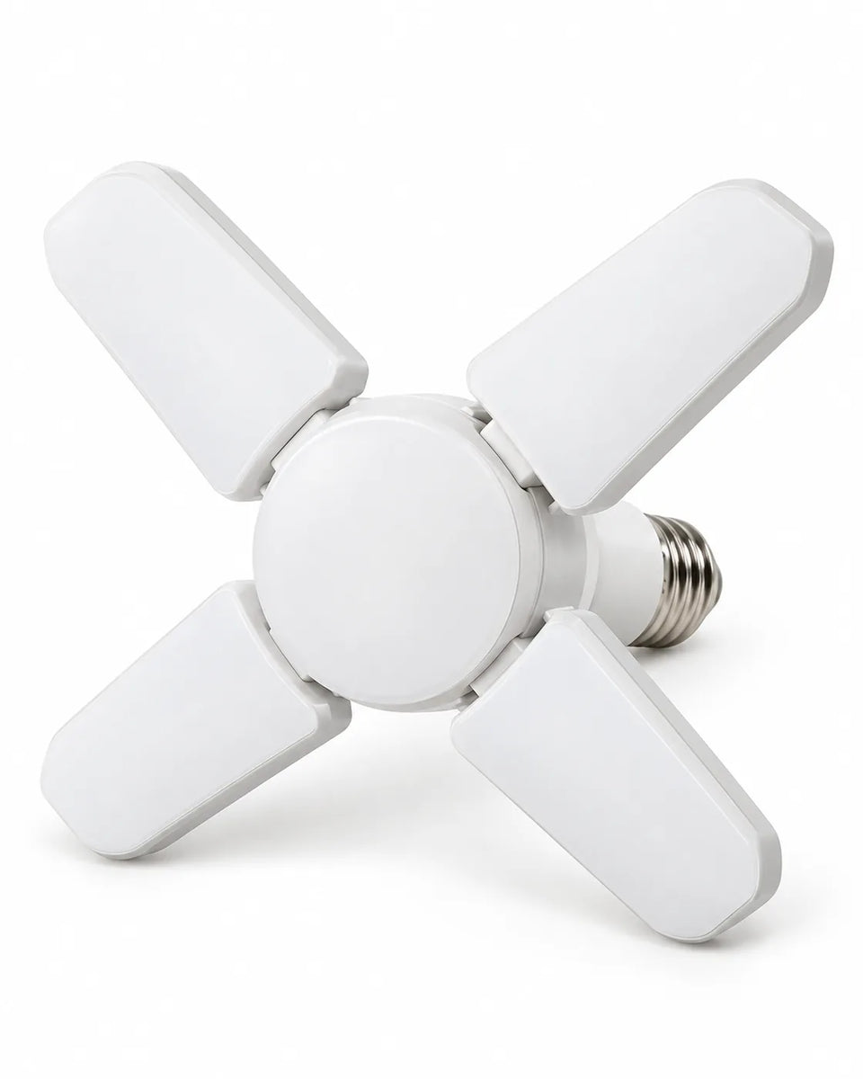 Foco LED plegable E27 Linden de 28 W con sus cuatro paneles abiertos sobre fondo claro.