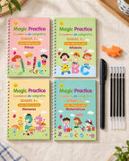 Cuatro cuadernos SANK en español con ejercicios de letras, números, matemáticas y dibujo.