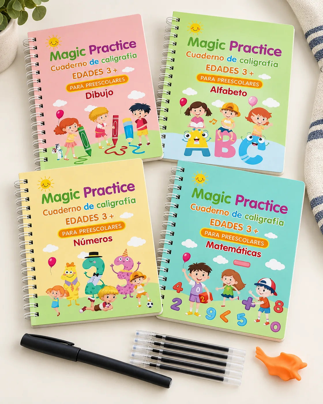 Kit Linden con cuatro cuadernos de caligrafía SANK en español, pluma, repuestos y sujetador.