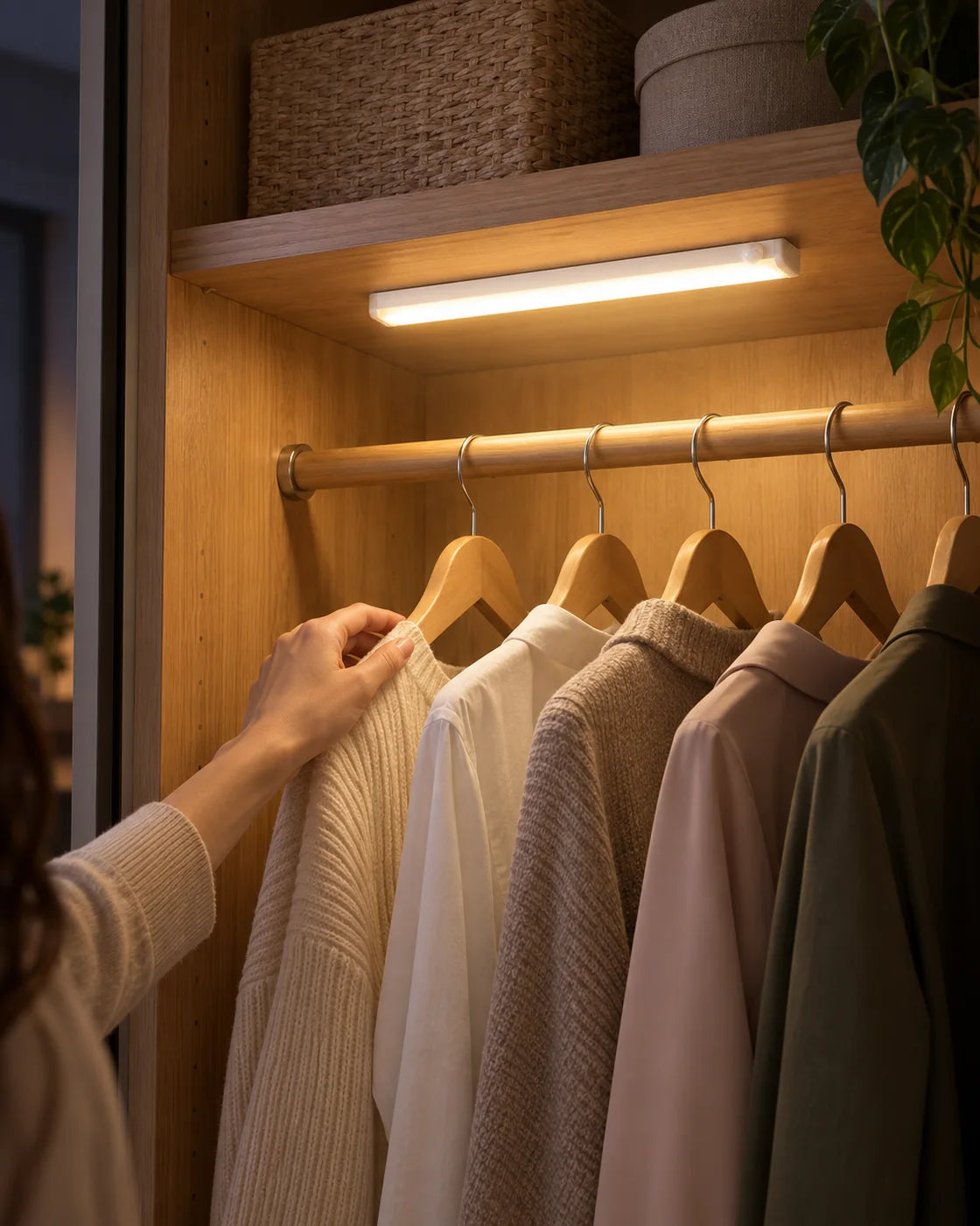 Barra LED cálida iluminando la ropa dentro de un clóset