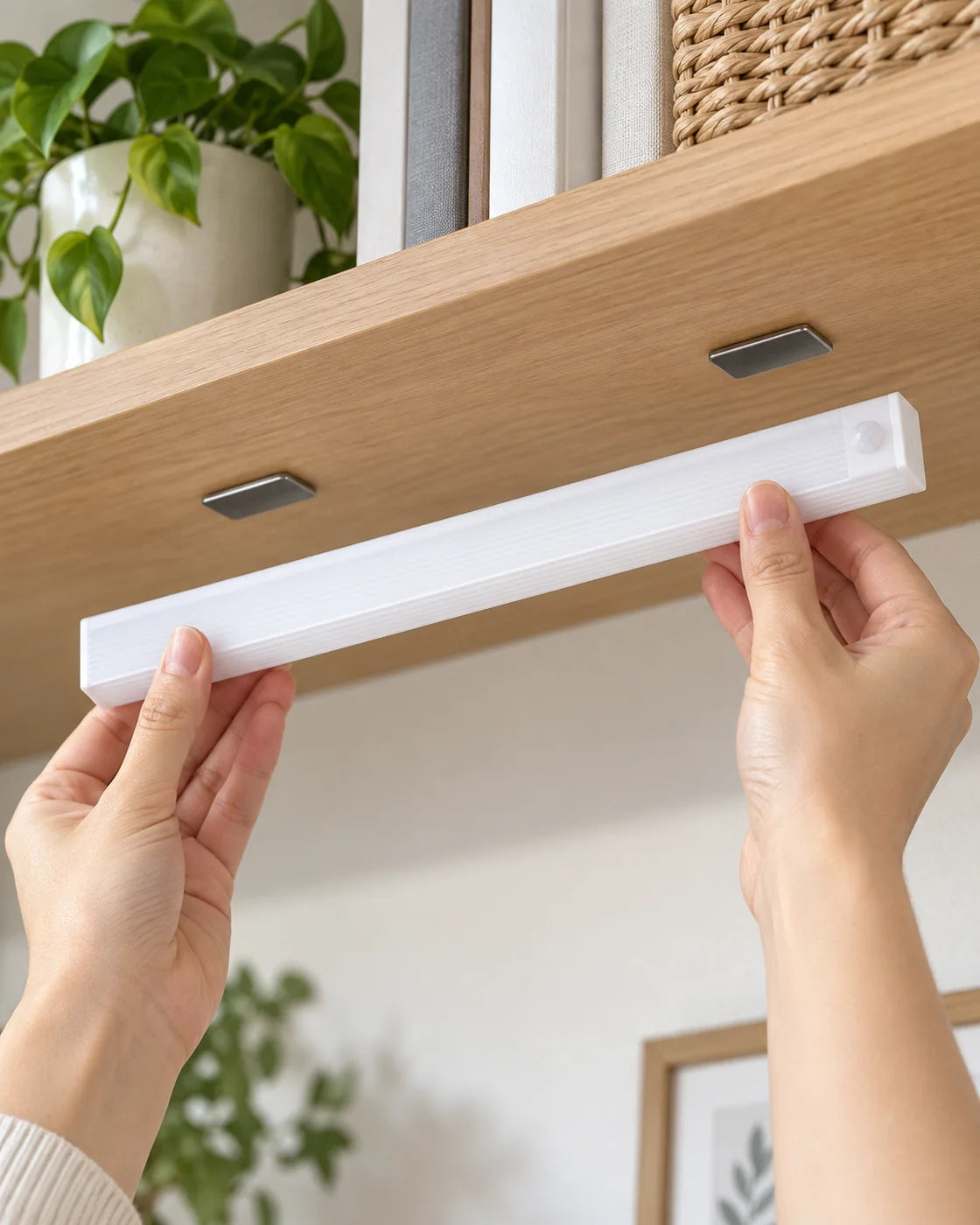 Dos manos alinean una barra LED con sus soportes bajo una repisa