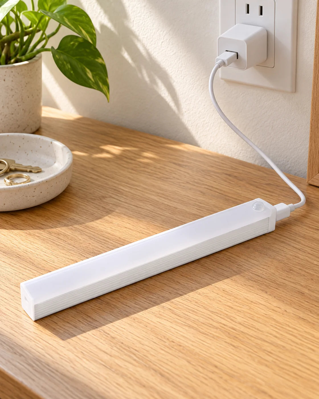Barra LED apagada conectada por USB-C a un cargador enchufado