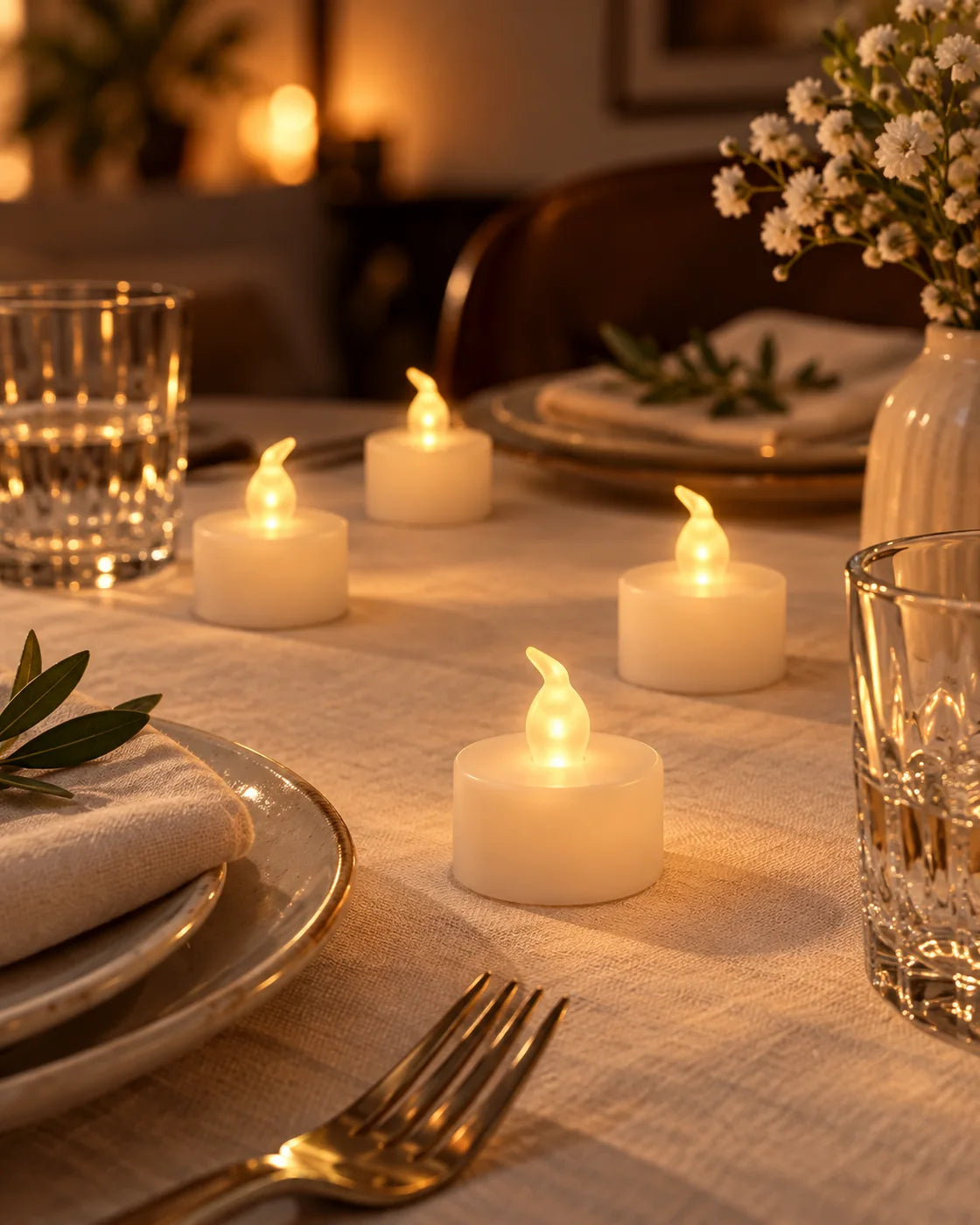 Pequeñas velas LED cálidas decorando una mesa para dos