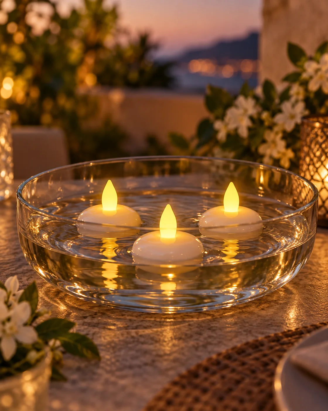 Tres velas del modelo flotante en un recipiente de vidrio con agua