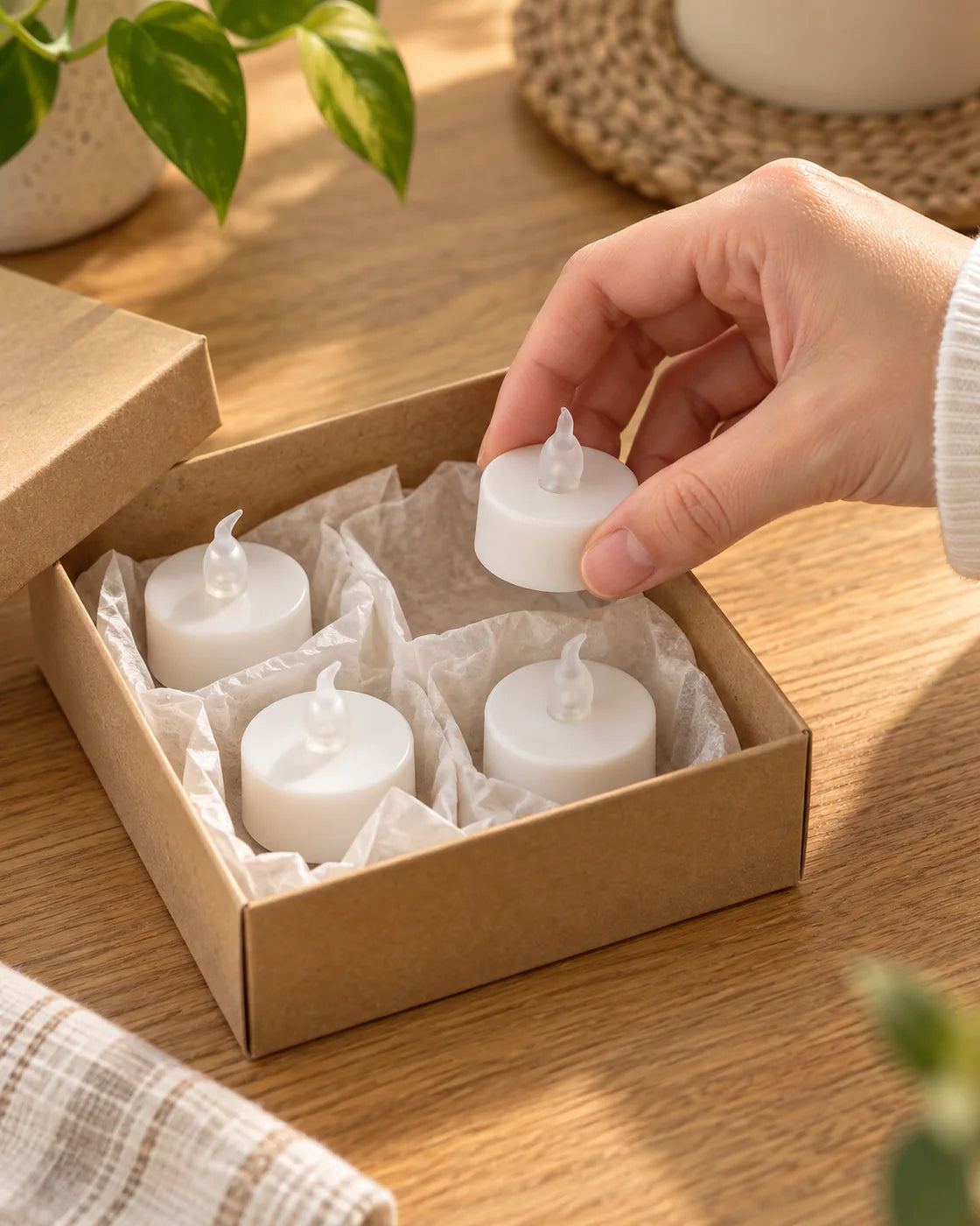 Una mano guarda pequeñas velas LED apagadas para reutilizarlas