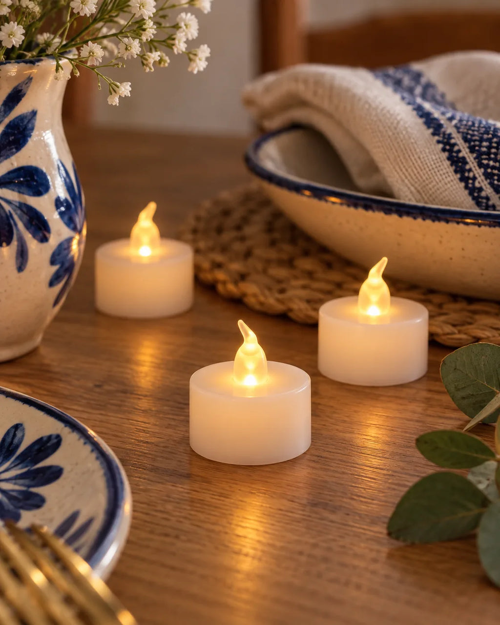 Velas LED sin llama Linden creando un ambiente cálido sobre una mesa decorada.