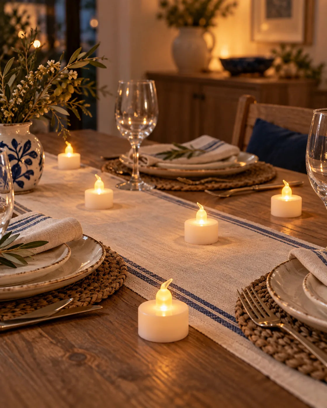 Velas LED distribuidas en una mesa de celebración