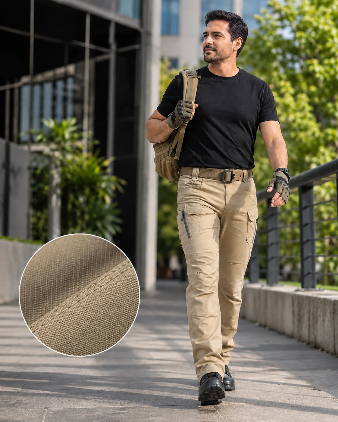 Pantalón cargo Linden: detalle de la textura y uso diario
