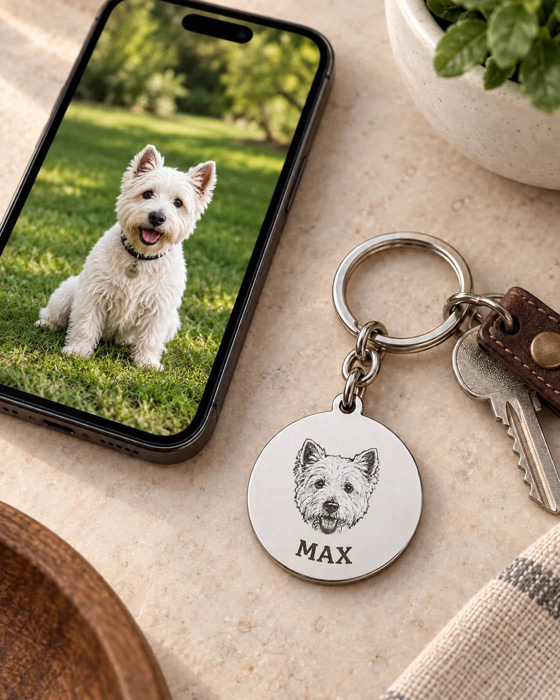 Llavero personalizado con retrato grabado de mascota